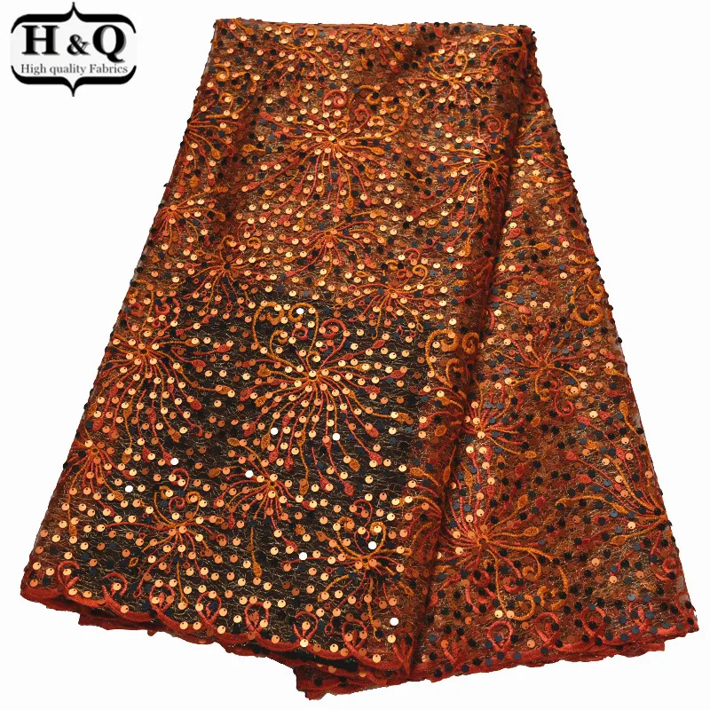 

Burnt Orange Sequins Tulle Lace Fabric African Net Lace Fabric Shiny Bling Bling Lace Nigerian Embroidered Lace For Prom Gown