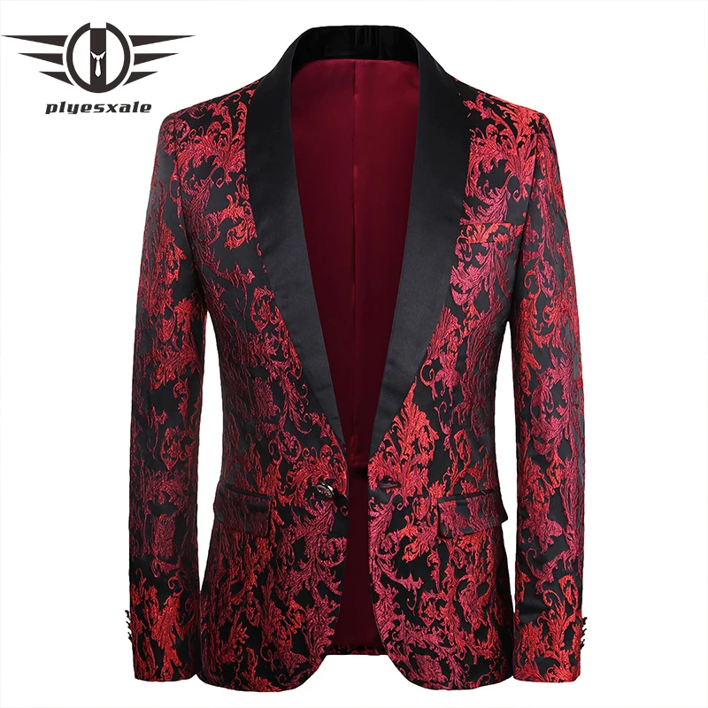 

Plyesxale Red Floral Blazers For Men 5XL Wedding Nightclub Stage Party Mens Suit Jacket Blazers Boutique Fashion Jacquard Q1454