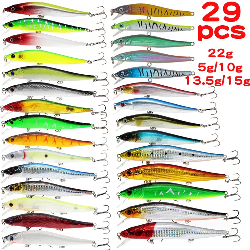 29pcs Mixed Sinking Floating Minnow Fishing Lure Hard Artificial Crank Baits 3D Eyes Wobblers Crankbait treble hooks bass pesca | Спорт и