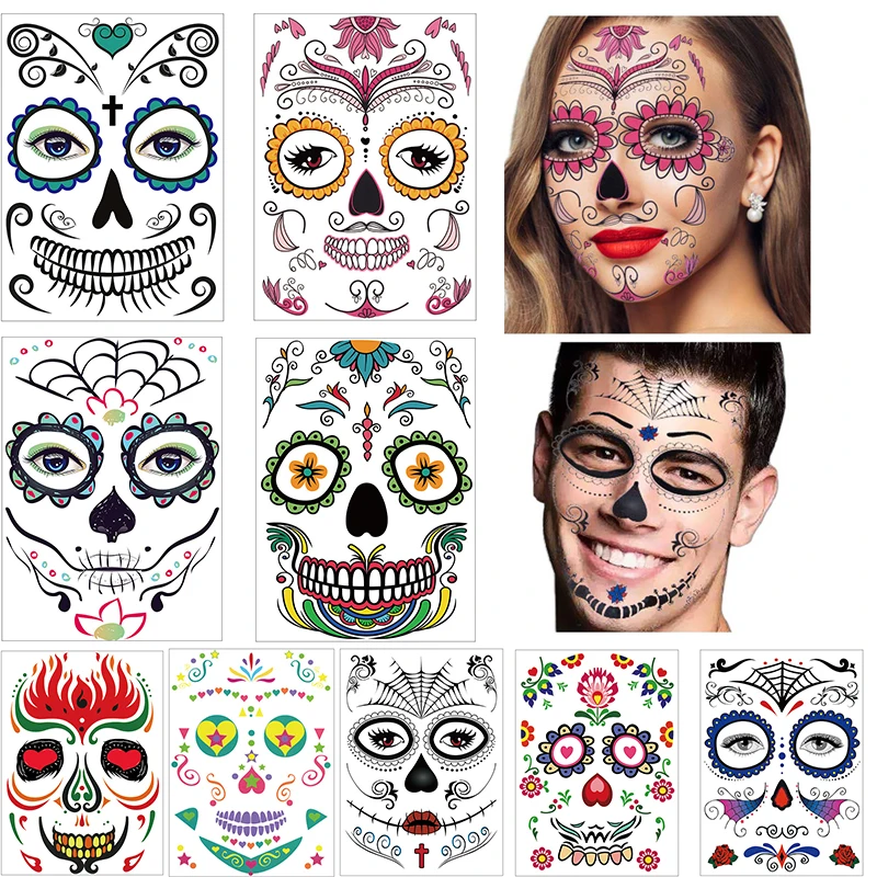 3 Pack Halloween Face Tattoo Sticker Glitter Red Roses Day of The Dead Sugar Skull Temporary Tattoo for Halloween Masquerade and Parties 