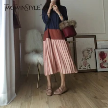 TWOTWINSTYLE лоскутное платье женское воротник с лацканами большой размер миди длинные плиссированные платья женские Весенняя мода Корейская одежда