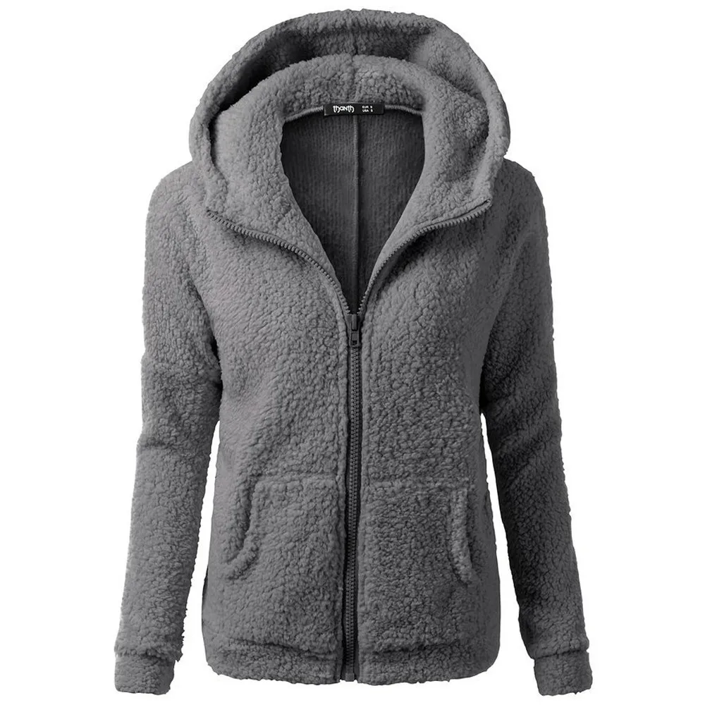 Women Solid Color Coat Thicken Soft Fleece Winter Autumn Warm Jacket Hooded Zipper Overcoat Female Fashion Casual Outwear Coat