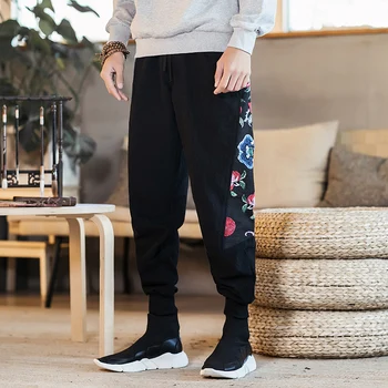 

2020 Plus Size Casual Men Pants Chinese Style Flower Print Cotton Loose Elastic Waist Trousers Men Fashion Harem Pants XXXXXL