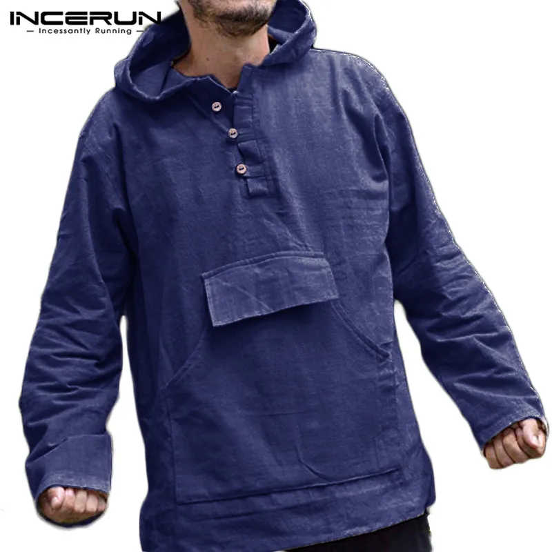 INCERUN китайская мужская футболка с длинным рукавом Хлопок Лен с капюшоном карманы повседневные свободные пуловеры винтажные простые футболки для мужчин S-5XL