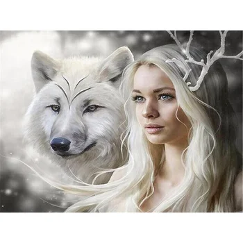 

5D DIY Diamond Painting Pretty woman and wolf Cross Stitch animal Crystal Needlework Diamond Embroidery Animal Home Decorative