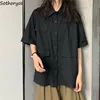 Blouse Women Shirts Summer Turn-down Collar Solid Pockets BF Streetwear Cool Leisure Fashion Students Vintage Ulzzang All-match ► Photo 1/6