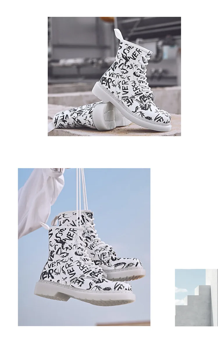 Осенние женские ботильоны; белая обувь из натуральной кожи с принтом граффити; женская повседневная обувь с высоким берцем на шнуровке; Elebant bota feminina