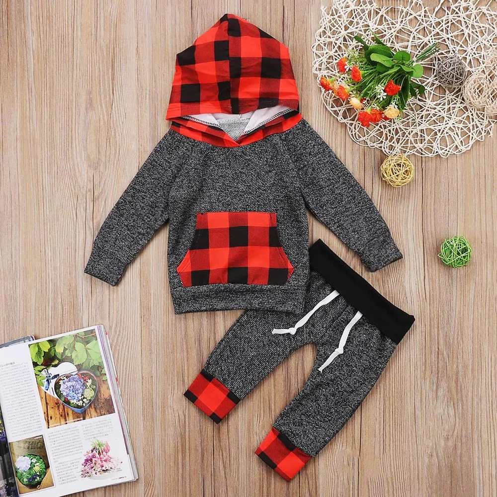 Осенне-осенние модные топы с капюшоном для маленьких мальчиков и девочек, штаны комплект одежды из 2 предметов с карманами в полоску и клетку