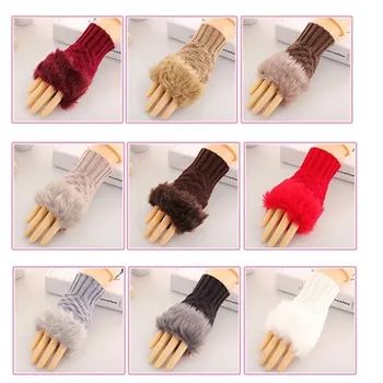 

Women Fingerless Wrist Gloves girl gloves half fingers women winter warm Cute Faux Rabbit Fur Knitted Gloves Driving Outdoor