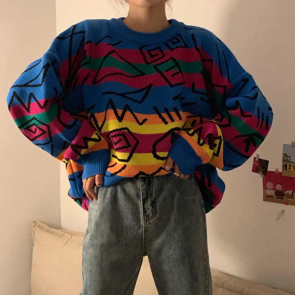 Rainbow color Neploe Шикарный ретро Сумасшедший стиль свободный Pull Femme граффити Lover Радуга полосатый вязаный свитер с круглым вырезом длинным рукавом патч Pulllover - Цвет: Rainbow color