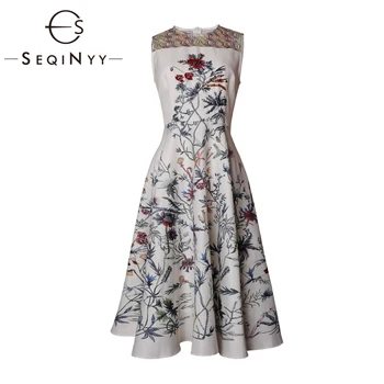 

SEQINYY Vest Dress 2020 Summer Spring New Fashion Design Women Beading Flowers Print High Quality Knee Beige Dress