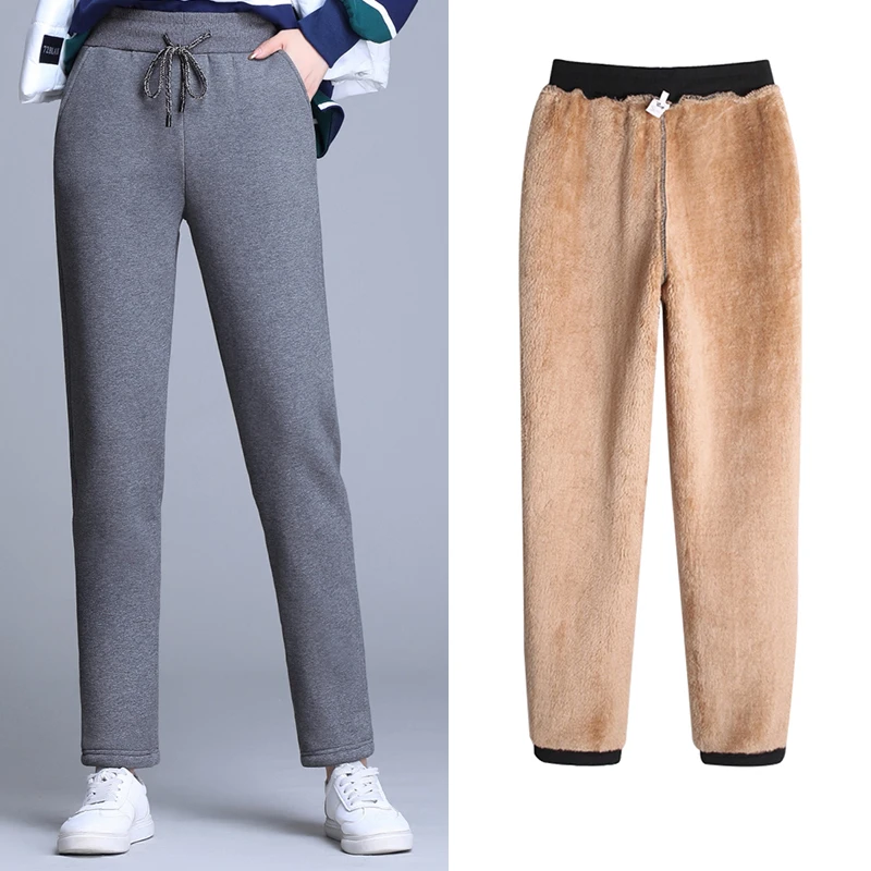 Флисовые брюки для женщин, зимние модные однотонные брюки с высокой талией, повседневные свободные теплые плотные штаны OL, уличные штаны P9202
