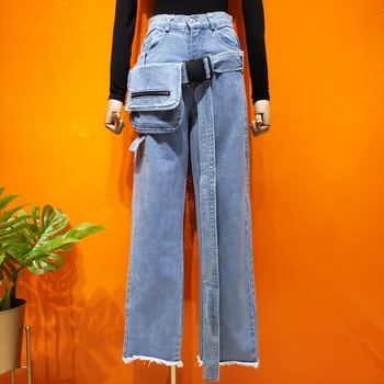 

Europe Fashion Women Jeans High Waist Wild Casual Hole Ladies Jeans 2020 Summer New Solid Color Belt Bag Jeans Female