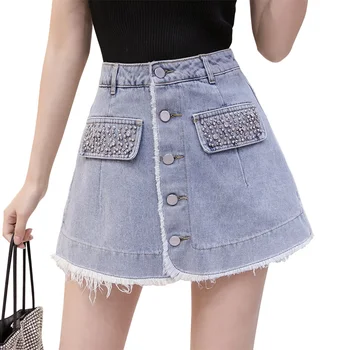 

Retro Denim Skirts Ladies Summer High Waist Was Thin A-Line Jeans Skirts Women Casual Beading A-Line Skirts