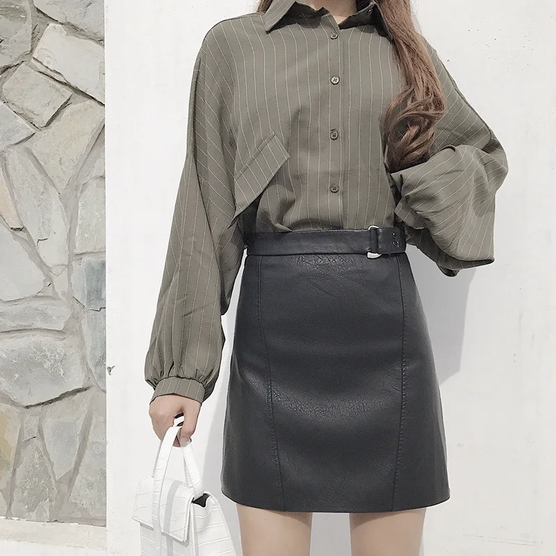 

Nana Trend WOMEN'S Clothing Store Fashion Elegant Western Style Solid Color Metallic Decoration Leather Skirt High Waist Skirt W