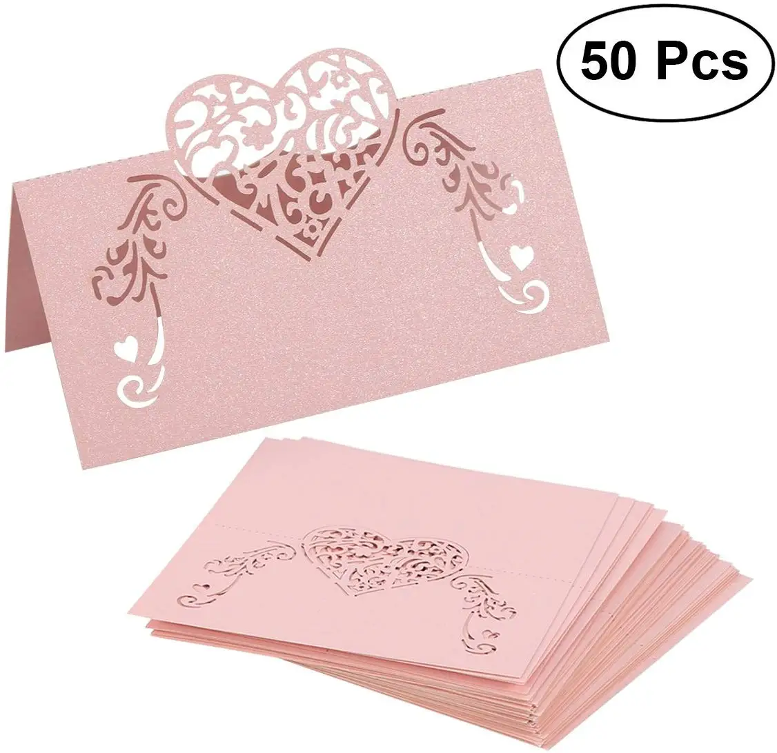 

metable 50pcs Laser Cut Heart Shape Table Name Card Place Card Wedding Party Decoration Favor (Pink)