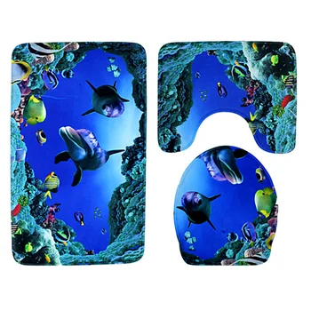 

3pcs Anti Slip Decorative Gift Toilet Lid Cover Wear Resistant Exquisite Pedestal Rug Bath Mat Set Home Blue Sea Soft Flannel