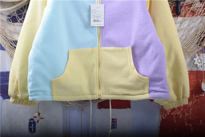 Winter New Preppy Style Macaron Color Stitching Sweet Women Winter Basic Jackets Thick Warm Flannel Outwear Coats Hooded