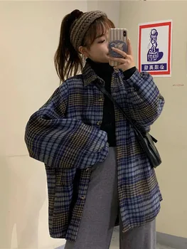 

Autumn 2019 New Retro Hong Kong Style Loose Plaid Tweed Couple's Thickened Long Sleeve Shirt Coat Female Student