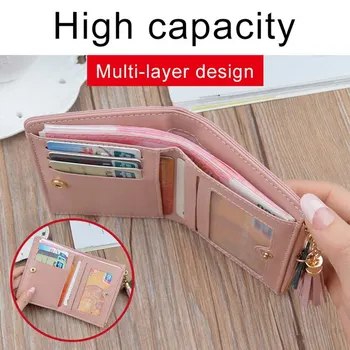 

Women's Wallet New Patchwork Tassel Short Zipper Wallet Large Capacity Purse Casual Brief Card Holder Pocket Fashion Clutch Bag