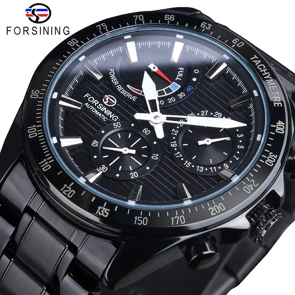 

Forsining Fashion Power Reserve Design 30m Waterproof Date Clock Black Stainless Steel Luminous Hand Automatic Mechanical Watch