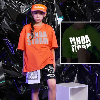

Summer Kids Hip Hop Dance Clothes For Girls Boys Street Wear Reflective Print Short-Sleeved T-Shirt Children Performance Costume