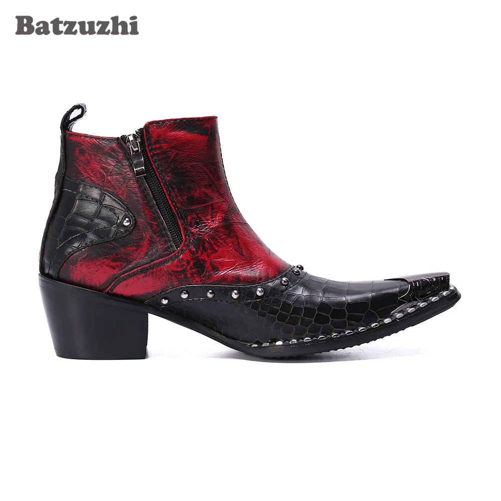 Batzuzhi  Punk Men's Leather Boots Pointed Toe Zip 6.5cm Heels High Men Ankle Boots for Party and Wedding chaussure homme, 38-46