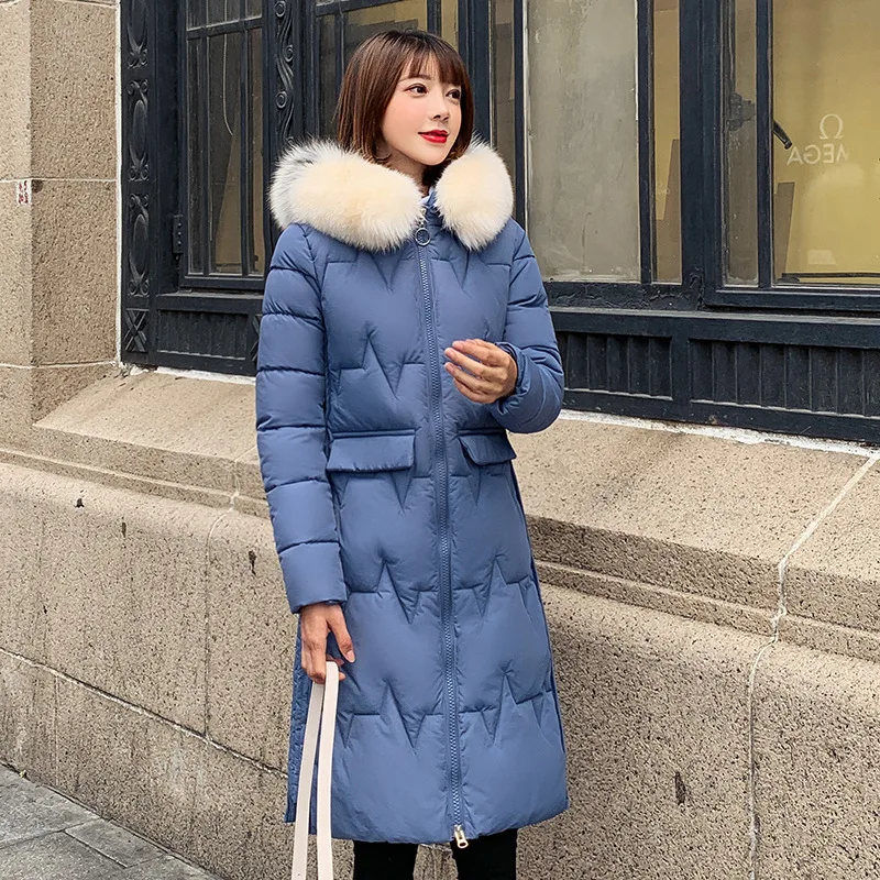 blue winter coat FORERUN, Большая Меховая куртка с капюшоном, женское длинное зимнее пальто, Повседневная тонкая куртка размера плюс, утепленная парка, манто, длинная, Femme Hiver - Цвет: blue winter coat