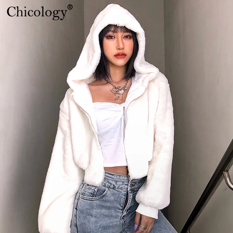 Chicology Женское пальто с меховым капюшоном и длинным рукавом, бархатное бархат, ветровка, теплая верхняя одежда, осенняя зимняя кроп Топ, повседневная одежда