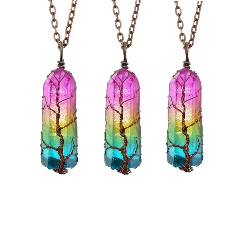 Tree of Life Hexagonal Column Quartz Necklaces Pendants Vintage Natural Stone Bullet Color Crystal Drop Necklace Jewelry Gift | Украшения и