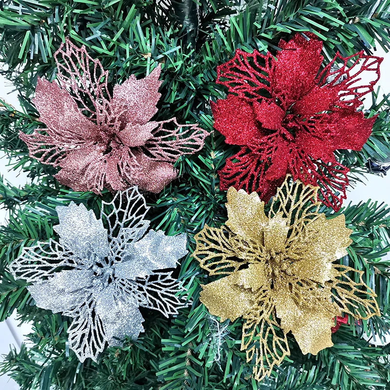 (5pcs/pack) 15cm Artificial Christmas Tree Flower Glitter Decorations Xmas Ornaments New Year Gift Wedding Party Decoration