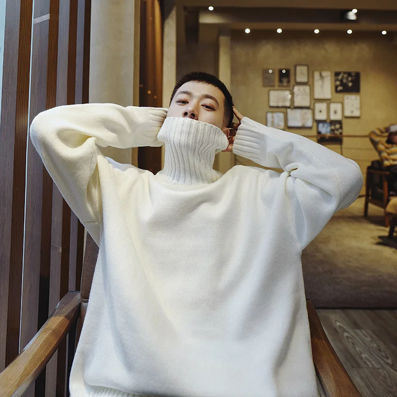 

Winter Thick High Collar Sweater Men's Warm Fashion Solid Color Casual Knit Pullover Man Wild Loose Long Sleeve Pullover Men