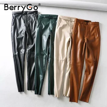 

BerryGo Skinny pu leather pencil pants women Zipper pockets lady long casual trouser Plat fashion bottoms punk female pants 2020