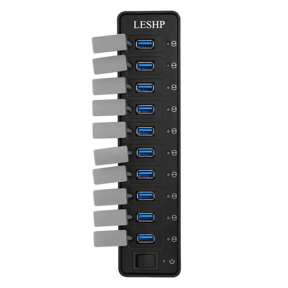 10 портов USB 3,0 концентратор Высокоскоростной 5 Гбит/с USB 3,0 концентратор данных сплиттер со светодиодами и переключателем внешний адаптер питания для ПК ноутбука