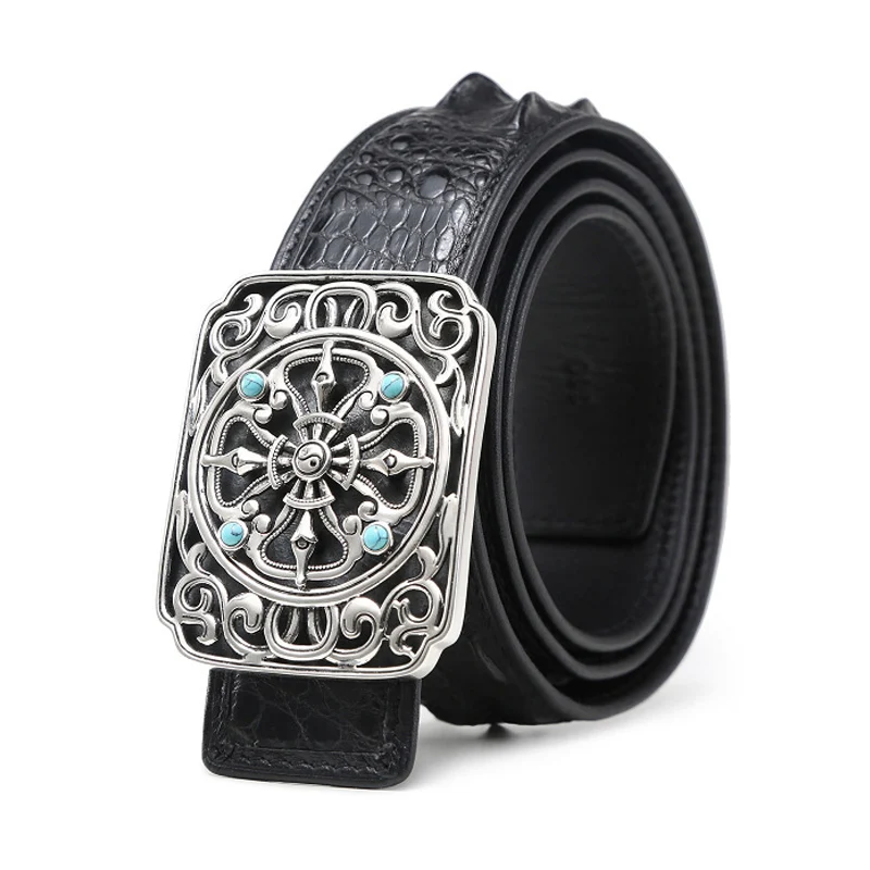 Back Leather Belt McParko Винтаж s925 серебро Пряжка пояс из крокодиловой кожи Для мужчин роскошный китайский Стиль Для мужчин ремень из натуральной кожи крокодила поясном ремне - Цвет: Back Leather Belt