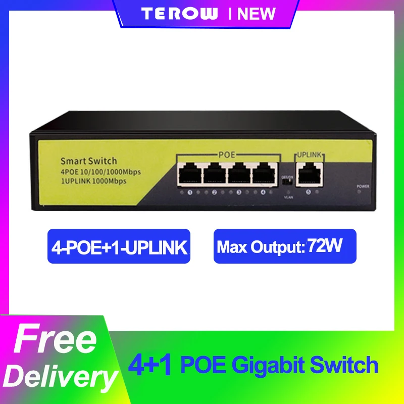 5-портовый гигабитный коммутатор POE с 4 портами 1000 Мбит/с + 1-портовый M Uplink 52V 1.3A 72W