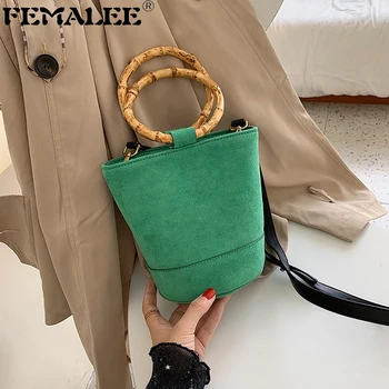 

Vintage Scrub Leather Handbags For Women Round Bamboo Handle Designer Crossbody Bags Women 2019 Nubuck Shoulder Bags Ladies Small Handbags Mini Tote Bucket Bag