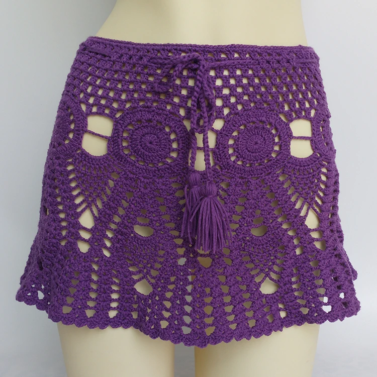 purple skirt Яркие цвета, ручная работа, Хлопковые вязаные крючком Мини юбки, женские летние пляжные юбки с высокой талией, белые плавки - Цвет: purple skirt