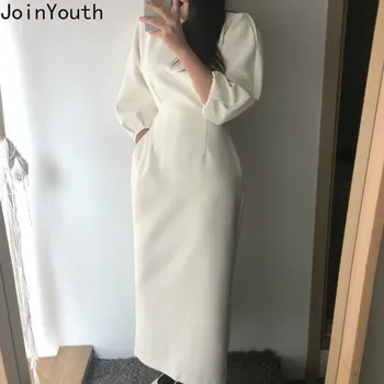 

Joinyouth 2020 New Spring Women Long Dress Vintage Korean O-neck 3/4 Puff Sleeve Dresses Slim High Waist Solid Vestidos 57351