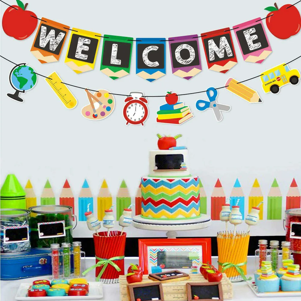 Decorative Stickers 2pcs Welcome Class Back to School Hanging Sign Banner Bunting First Day of School Classroom Decor Party Decorations