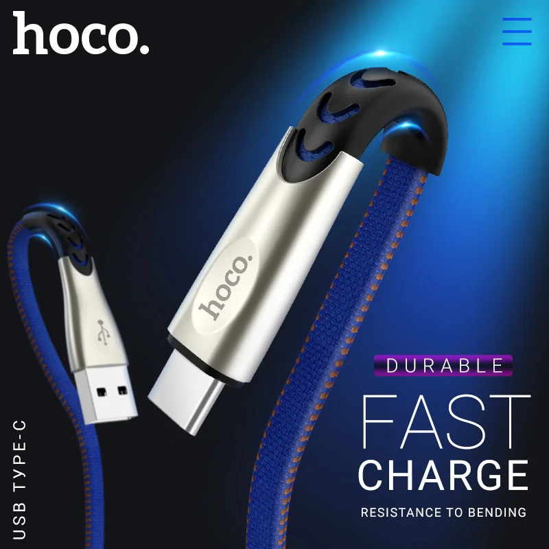 hoco кабель usb type c быстрая зарядка и передача данных тип с провод с джинсовой оплеткой плоский шнур cport зарядное устройство тайп си usb с type c для Apple Samsung Xiaomi Huawei Android юсб тайп с зарядник