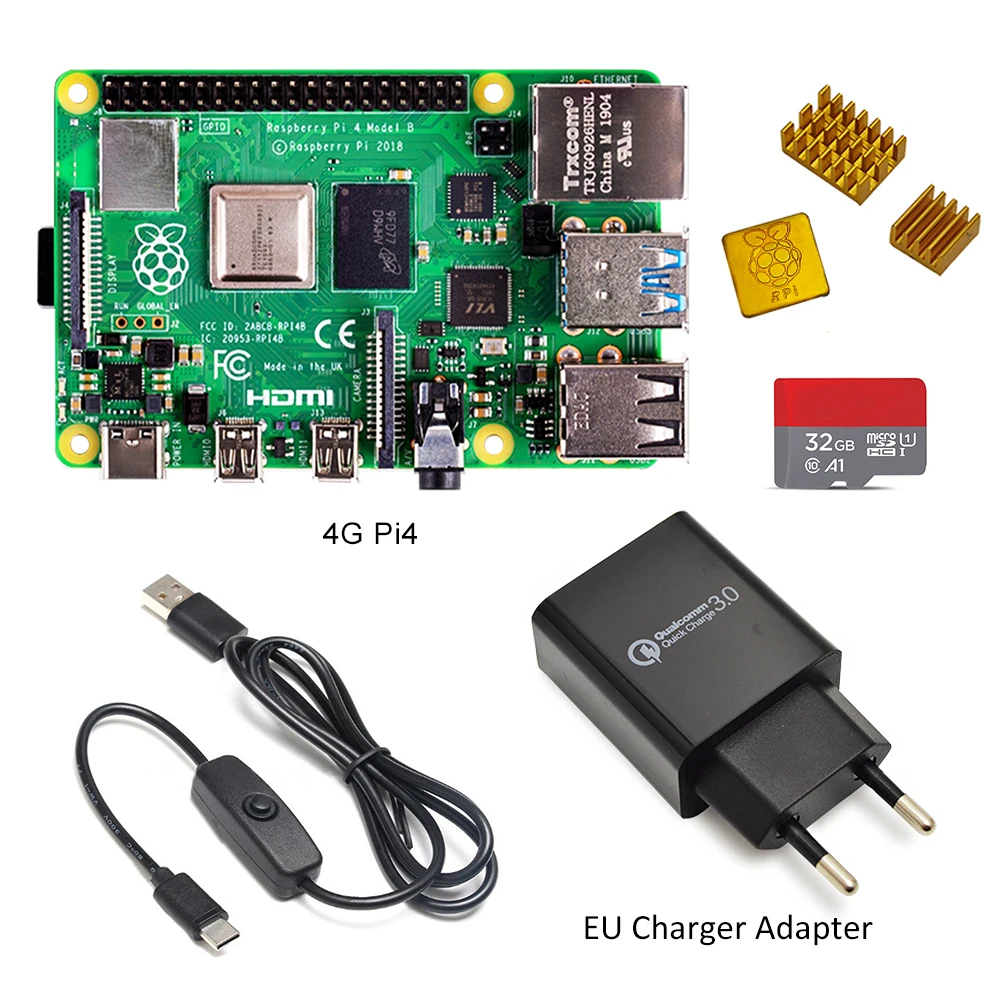 

Raspberry Pi 4 Model B kit Basic Starter Kit in stock with power switch line type-c interface EU/US Charger Adapter and heatsink