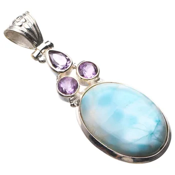 

StarGems Natural Caribbean Larimar And Amethyst Handmade 925 Sterling Silver Pendant 2" D9302