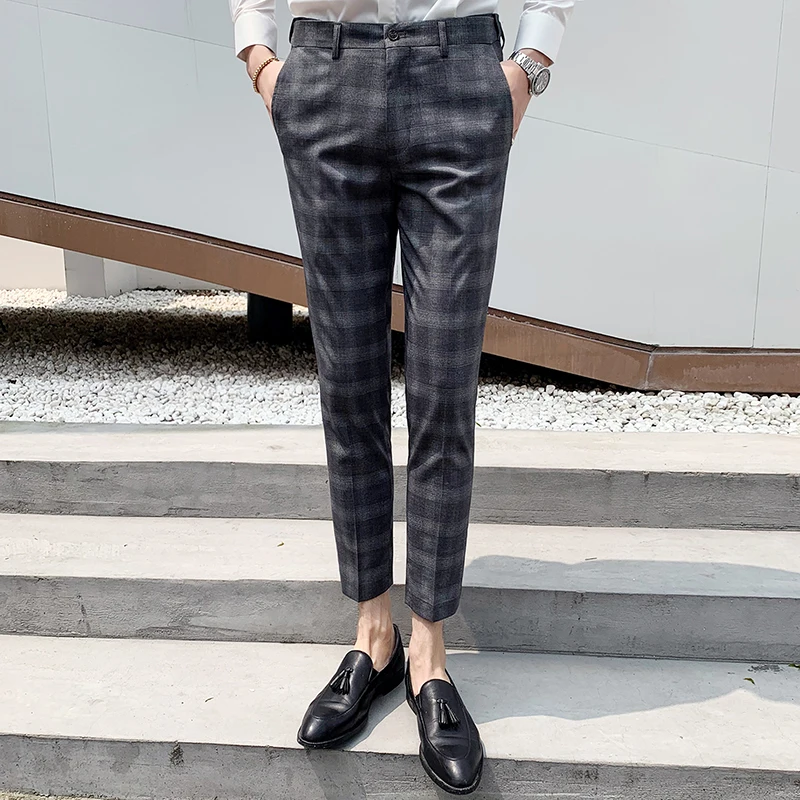 Suit pants summer men's slim plaid pants men's fashion plaid stretch  feet trousers men's business casual nine points pants