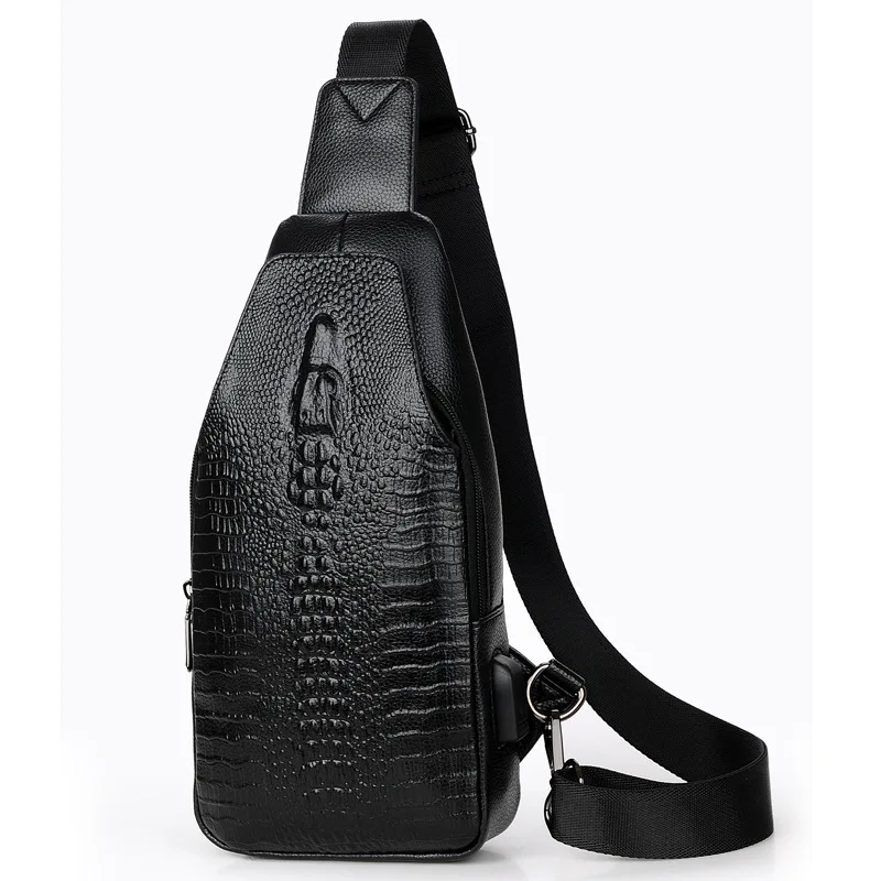 Bolso de pecho de cuero de marca de lujo para hombre, bandolera de cocodrilo, bolso cruzado con carga USB, bolso de pecho para hombre, bolso bandolera con patrón de cocodrilo