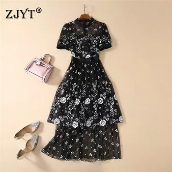 

Runway Dress Women 2020 Spring Summer Clothes Fashion Short Sleeve Sequined Embroidered Mid Calf Ruffle Sexy Black Party Dress