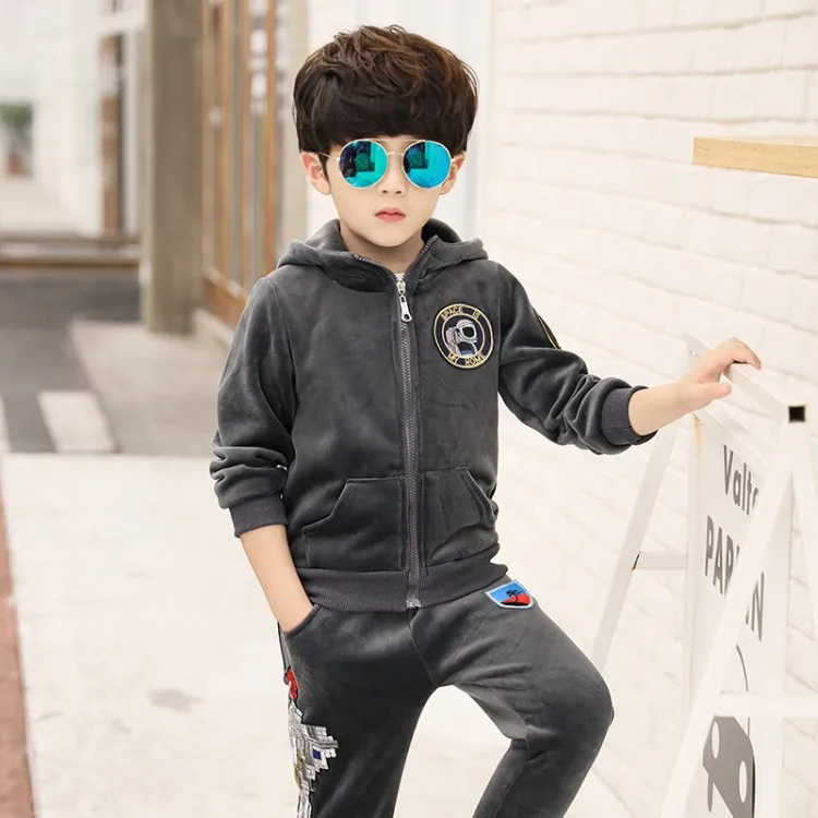 

Childrenswear BOY'S Winter 2018 New Style Set Children Sports Plus Velvet Autumn And Winter Hoodie Big Boy Two-Piece Set