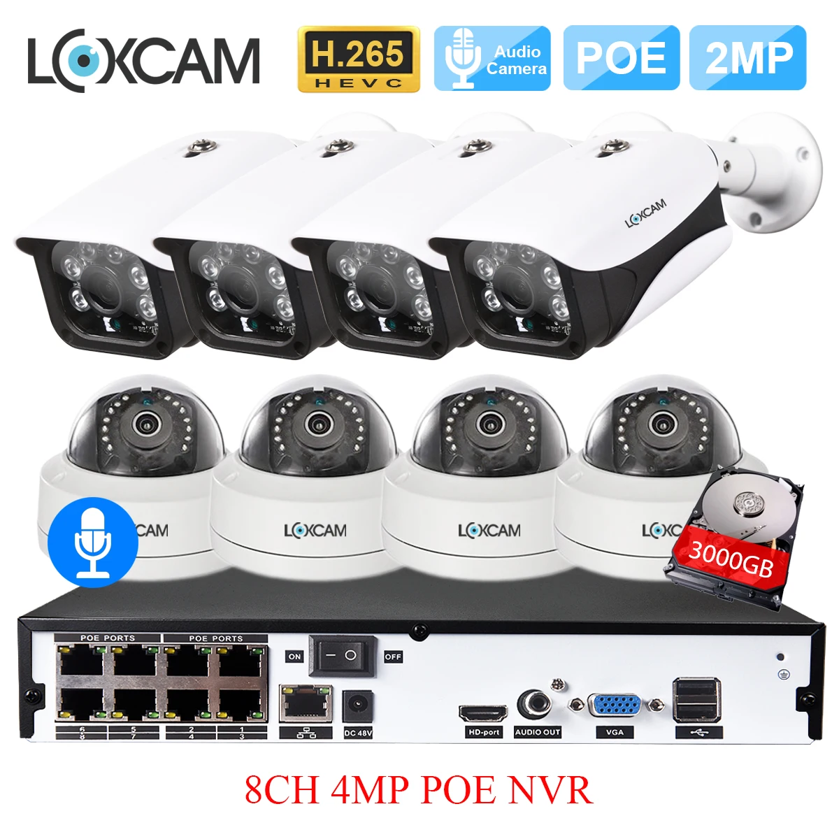 LOXCAM h.265 + 8CH 4MP система видеонаблюдения POE NVR комплект 48 В 1080P @ 25fps безопасность