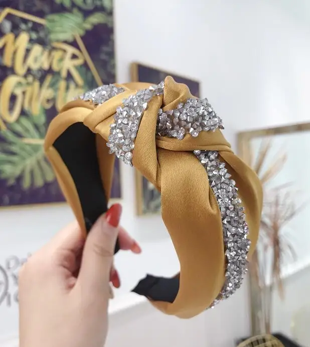 Fashion Shining Rhinestone Hairband Headband Women Wide Side Headwear Solid Casual Headwear Turban Hair Accessories Wholesale - Цвет: yellow hairband