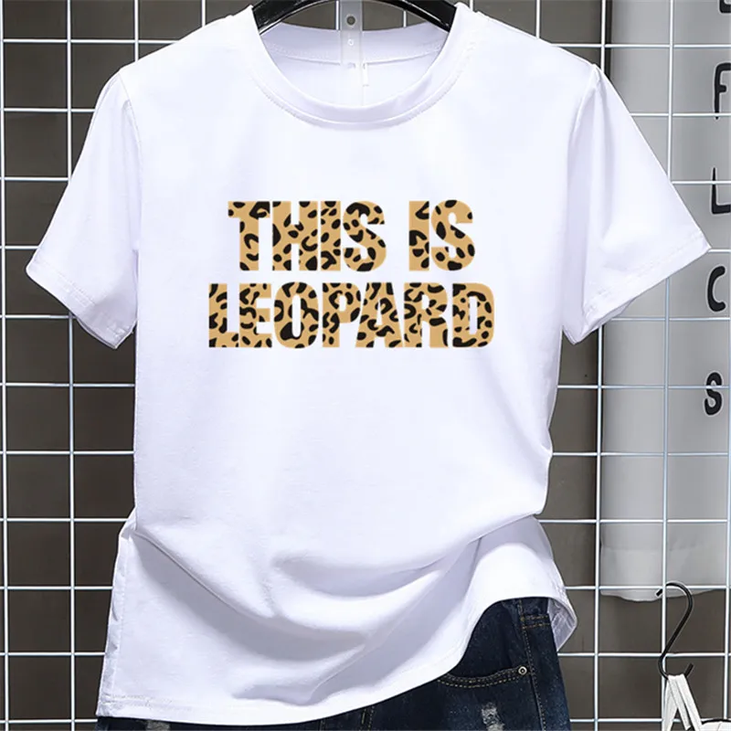 

Spring Summer Leopard Letter Print Women Shirts Short Sleeve Harajuku Vogue Female Tee Couple Clothes Top Student White Black